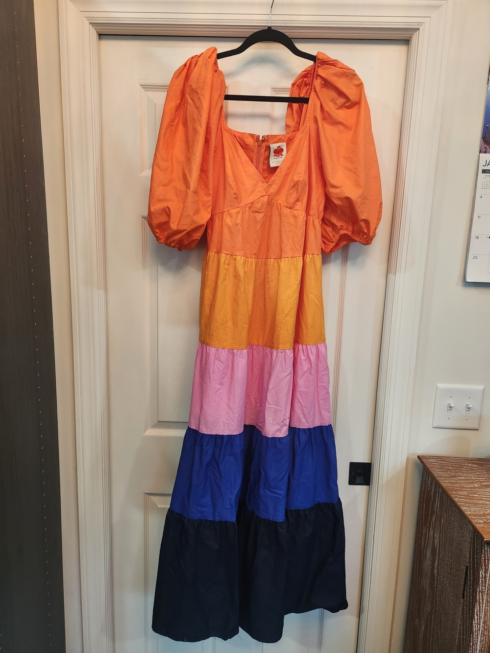 Farm Rio Tiered Puff-Sleeve Maxi Dress in Orange and Multi-Color